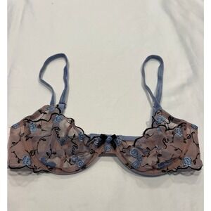 Fleur du Mal Rose Embroidered Sheer Balcony Bra 32B Blue Peach Excellent